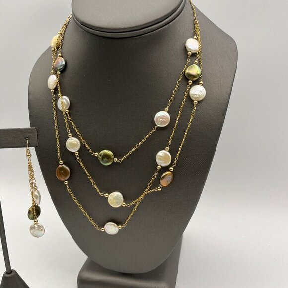 18k GF Natural Coin Pearl Necklace Triple Strand With Pierced Earrings Set 16" - Picture 8 of 11